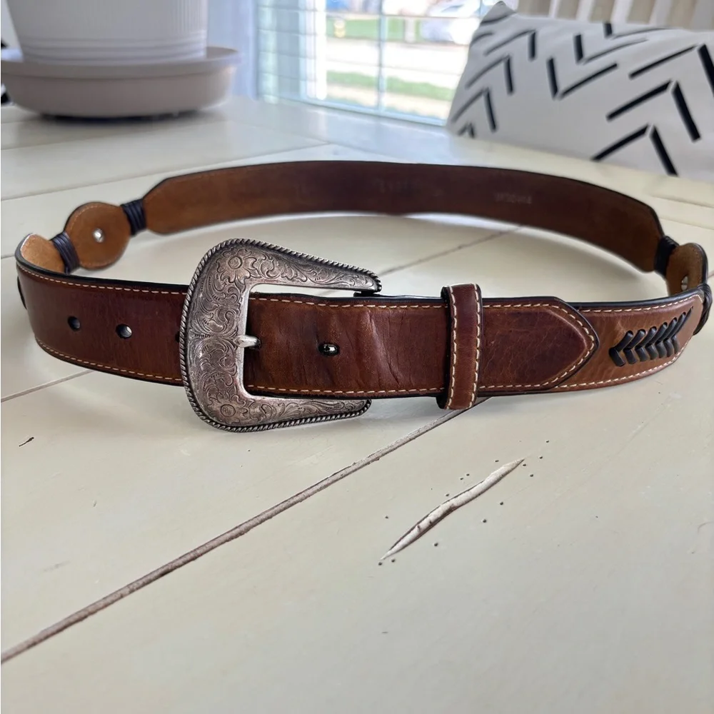 Cavender's Brown Leather Belt Men’s 34 Cross Detail 9750444